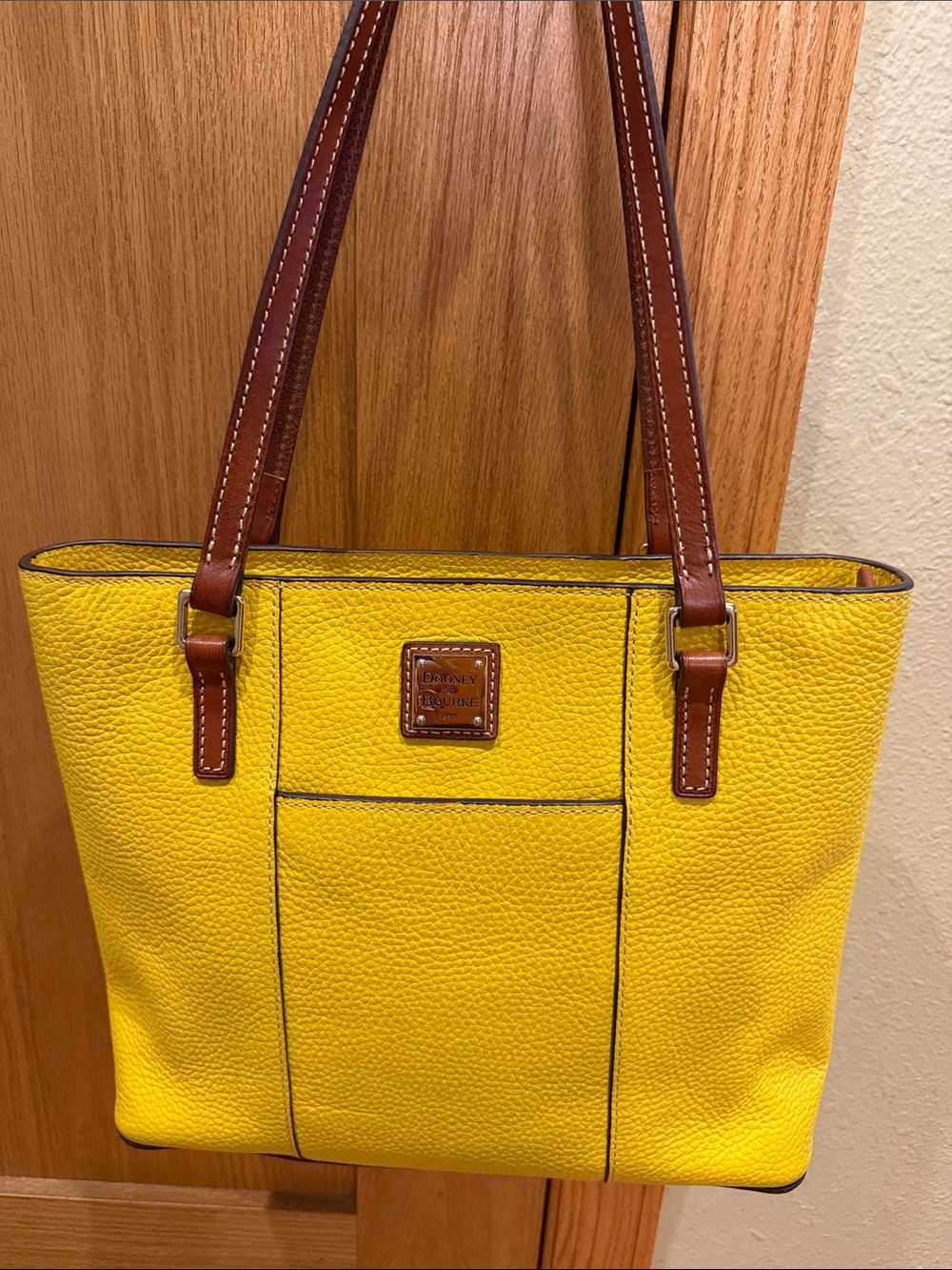 Dooney & Bourke Yellow Pebbled Leather Tote with Brown Straps
